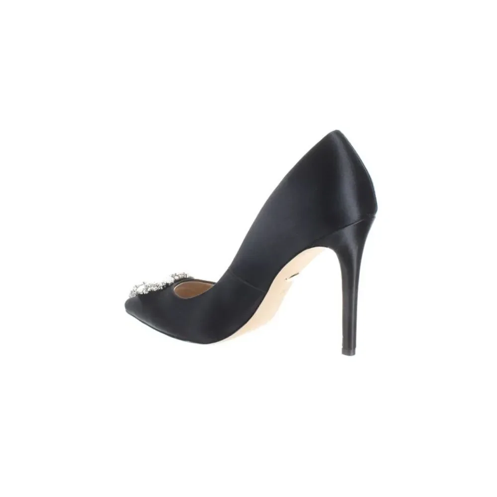 Badgley Mischka Black Satin Pointed-Toe Crystal Embellished Pumps
